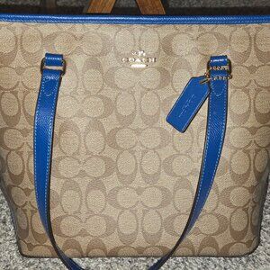 Coach City Tote – Signature Canvas with Blue Leather Trim (Authentic)